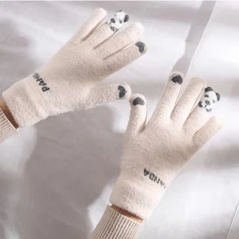 2022 Нови ръкавици с пълен пръст Топло дебело колоездене шофиране мода жени мъже зимни топли плетени вълнени на открито сладки панда ръкавици