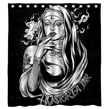 Unholy Dark Art Bad Монахиня Пушене Сатанински плакат Гангстер череп момиче татуировка баня декор душ завеса