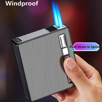 Ветроупорен двоен джет цигарена кутия метална автоматична цигарена държач кутии 20PCS преносим факел газ запалка джаджи