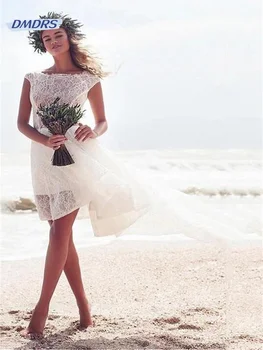 Бохемска капачка ръкав дантела сватбена рокля плаж над коляното квадратно деколте булчинска рокля секси вестидос де новия