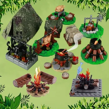 Средновековни войници фигура военни строителни блокове риба на скара огън палатка храна аксесоари армия тухли подаръци играчки деца S013