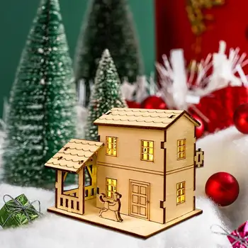 Коледа LED светлина дървена къща село селски вила сграда модел занаяти дървена кабина колекционерски фигурки Нова година декор