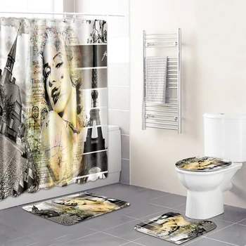водоустойчива полиестерна завеса за душ с кука, ретро подложка за баня, подложка за под, комплект тоалетна възглавница