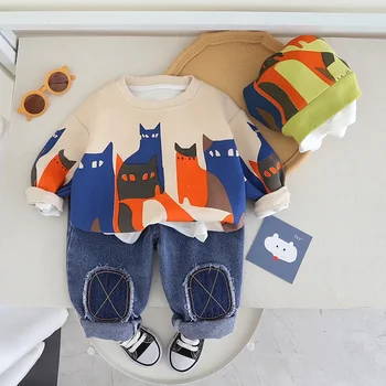 Есен бебе момче момичета памук дрехи комплект деца карикатура котка пуловер пуловер отгоре и дънки 2бр облекло дете мода анцуг
