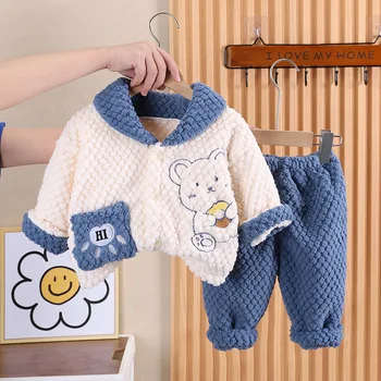 корейски 2023 есен зима деца момче 2PCS облекло комплект карикатура мечка снаждане Loungewear палто твърди топли панталон бебе момче облекло