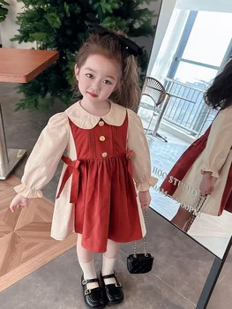 Рокля за момичета пролет и есен френски стил модерен сладък принцеса дълъг ръкав есенни дрехи детски бебе момиче пола Kor