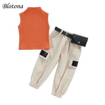 Blotona Детски момичета комплект плътен цвят макет врата без ръкави потници случайни карго панталони с талията чанта 3Pcs костюм 1-5Years