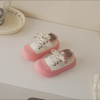Размер 22-31 Детски обувки 2023 Есен Нови момчета и момичета Ретро дишащи платнени обувки без хлъзгане Ежедневни обувки Каки розово