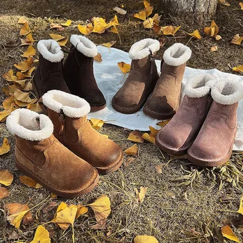 Детски обувки за момичета Зимни корейски стил ретро ботуши за деца агнешко вълна руно топло нови модни топли ежедневни детски ботуши