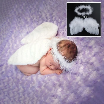 2Pcs бебе бял ангел крило лента за глава новородено фотография подпори ангел перо крило