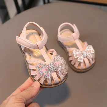 Лято 2023 Момичета Pink Bowknot сандали меки подметки малки деца бебе Rhinestone плажни обувки мода принцеса обувки H594