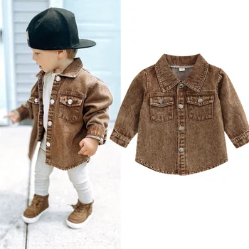 Synpos Fashion Spring Kids Boys Solid Brown Denim Jeans Jacket Children Long Sleeve Single Breasted Pocket Coats 1-5 години
