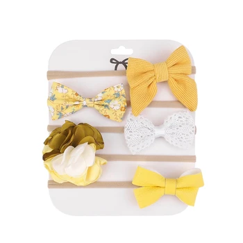 Малко дете бебе момиче ленти за глава 5бр комплект, сладък шик печат Bowknot 3D цвете ленти за коса еластични меки шапки аксесоари за коса