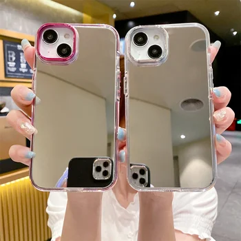 USLION луксозен грим огледало случай за iPhone 14 12 13 Pro Max 11 сребро огледало удароустойчив цвят ръб броня защита телефон случай