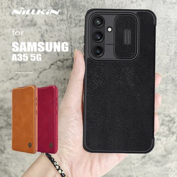 Nillkin за Samsung Galaxy A35 5G случай флип кожен капак слайд камера случай със слот за карта за Samsung Galaxy A35 5G обектив случай