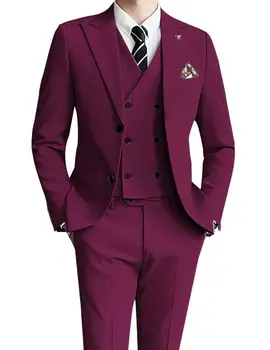 елегантен лилав мъжки костюм 3 броя еднореден бизнес ежедневно сватба младоженец банкет работа комплект мъжки тънък яке жилетка и панталони