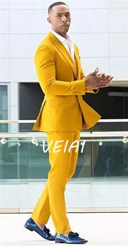 Жълт замърсен мъжки костюм Горещи продажба Blazer комплектиЕдин бутон младоженец сватба абитуриентски парти вечеря смокинги по поръчка 2 парчета