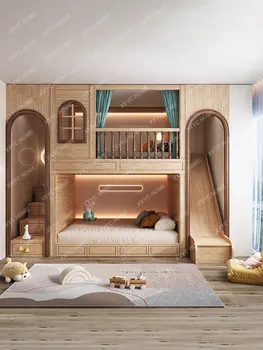 Детска стая Цялата къща Персонализирана пързалка Tree House Масивно дърво Регулируемо по височина легло Двуетажно легло Двуслойно таванско легло