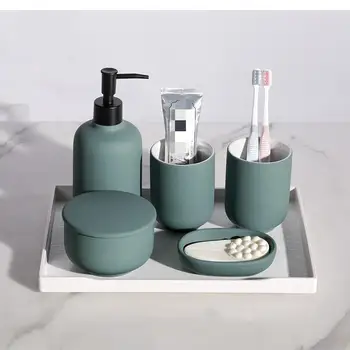 Комплект аксесоари за баня Керамичен дозатор за паста за зъби Контейнер за сапун Държач за четка за зъби Чаша за баня Резервоар за съхранение на сапунени чинии
