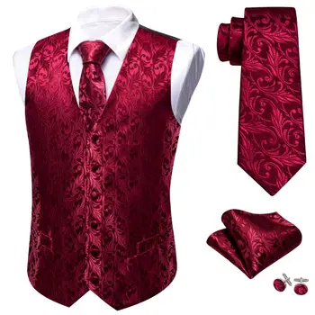 Елегантен мъжки костюм жилетка коприна червено бордо рокля жилетка вратовръзка комплект без ръкави мъжки Gilet сватба официално лек Бари Уанг
